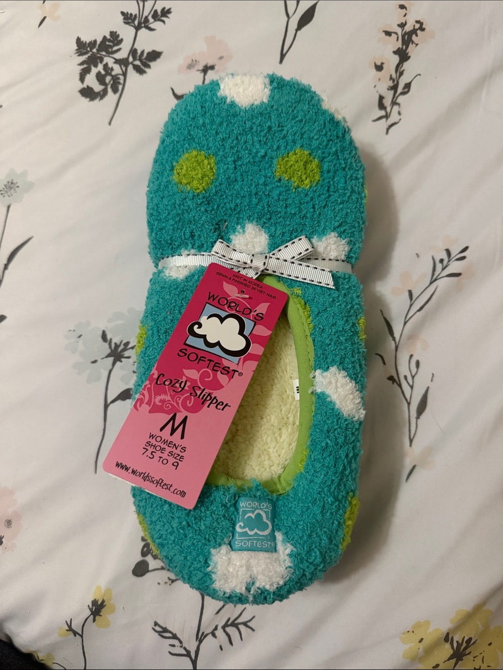 Women's Cozy Slipper - Teal with White & Green Dots